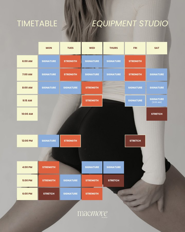 Equipment studio timetable: Signature, Strength and Stretch classes Monday to Saturday